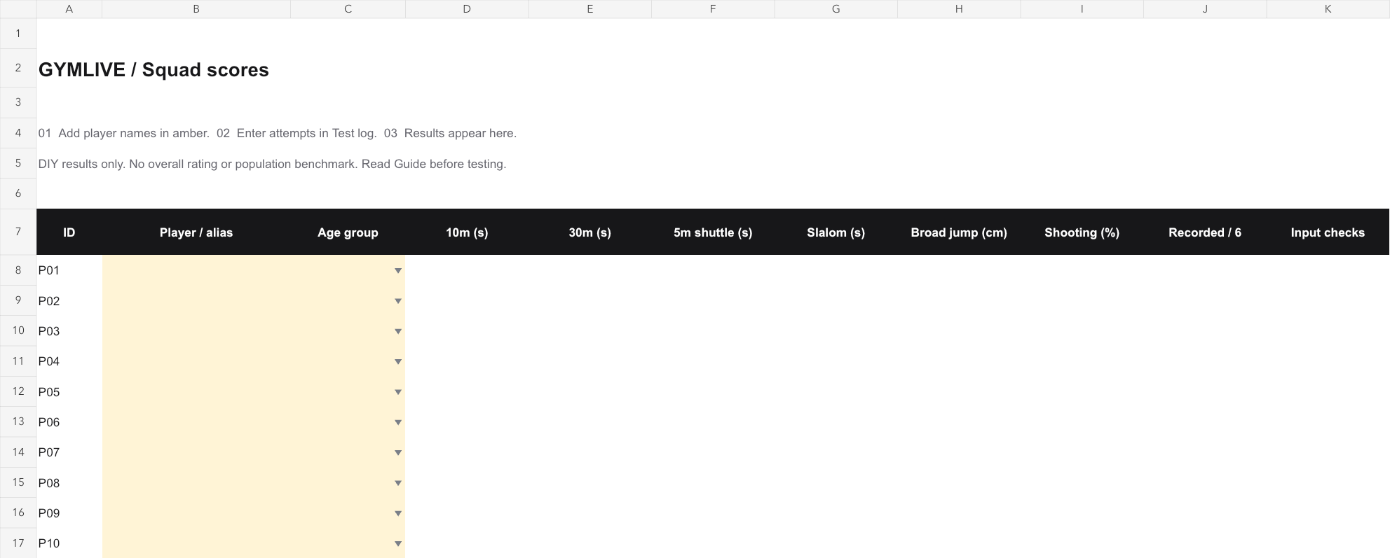GymLive Excel scoring workbook with player rows and six test-result columns